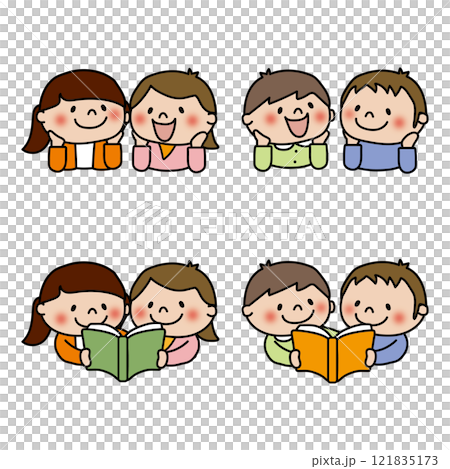 本を読んだりおしゃべりする子供たちセット 121835173