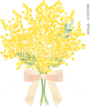 白のリボンのミモザの花束 121835360