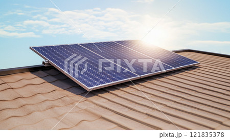 Clean solar panel installed on a roof with blue sky backdrop Clean solar panel installed on a roof with blue sky backdrop 121835378