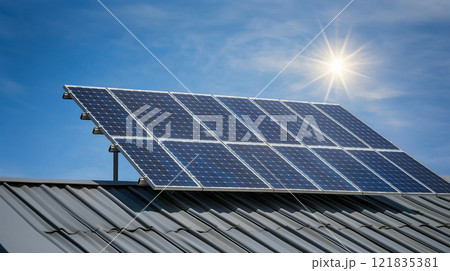 Rooftop solar panel highlighting sleek design and sustainability Rooftop solar panel highlighting sleek design and sustainability 121835381