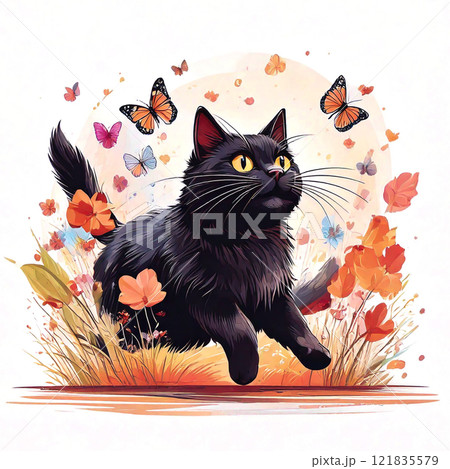 花畑で蝶々を追いかける黒猫 121835579