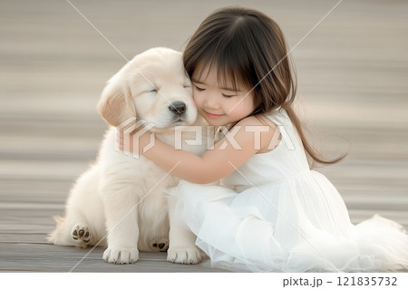 Asian Girl Hugging Golden Retriever Puppy Outdoors. Tender Moment Captures Warm Bond Between Child and Pet. Soft Light Highlights Innocence and Joy. Perfect for Family Themes. AI generated 121835732