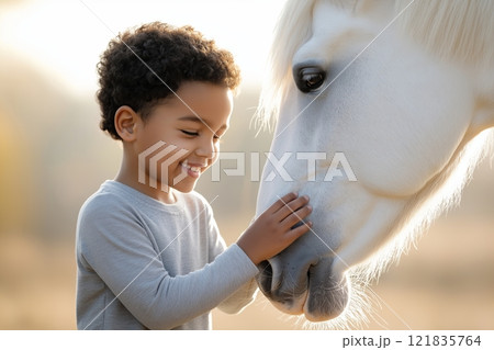 Smiling Boy is Stroking White Horse in Warm Sunset Light. Moment of Friendship Between Child and Animal. Golden Background Enhances Tranquility. Happy Connection. AI generated 121835764
