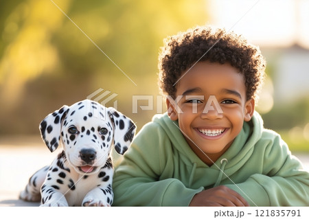 Cheerful Boy Lying on Grass Next to Dalmatian Puppy. Warm Sunlight and Playful Expressions Highlight Bond Between Child and Pet. Perfect for Family and Lifestyle Themes. AI generated 121835791