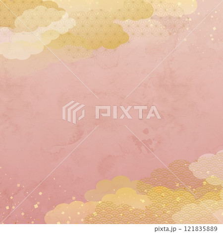 和風の雲と金箔のピンクのベクターイラスト背景 121835889