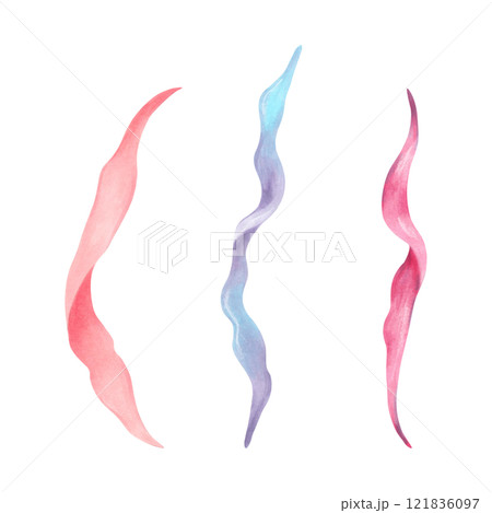 Curved underwater plant, seaweed. Watercolor and marker illustration. Hand drawn isolated art. Marine botanical kelp clipart. Natural form of marine flora. Suitable for cosmetic design, ocean decor. 121836097