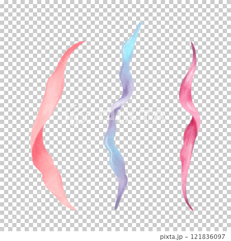 Curved underwater plant, seaweed. Watercolor and marker illustration. Hand drawn isolated art. Marine botanical kelp clipart. Natural form of marine flora. Suitable for cosmetic design, ocean decor. 121836097