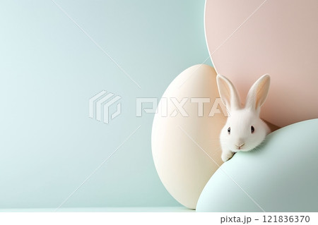 Easter Bunny Hiding Behind Large Pastel-Colored Eggs on Soft Background. Minimalistic and Creative Scene with Playful Vibes. Perfect for Spring and Holiday Concepts. AI generated Easter Bunny Hiding Behind Large Pastel-Colored Eggs on Soft Background. Minimalistic and Creative Scene with Playful Vibes. Perfect for Spring and Holiday Concepts. AI generated 121836370