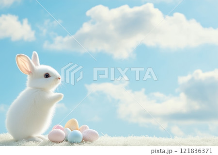 White Rabbit Sitting Among Easter Eggs on Fluffy Surface Against Blue Sky. Bright and Joyful Scene Capturing Spring Spirit and Festive Atmosphere. Ideal for Holiday Concepts. AI generated White Rabbit Sitting Among Easter Eggs on Fluffy Surface Against Blue Sky. Bright and Joyful Scene Capturing Spring Spirit and Festive Atmosphere. Ideal for Holiday Concepts. AI generated 121836371