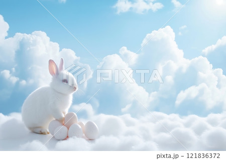 White Bunny with Easter Eggs Surrounded by Fluffy Clouds and Blue Sky. Peaceful and Cheerful Scene Symbolizing Spring and Festivity. Perfect for Holiday and Nature Themes. AI generated White Bunny with Easter Eggs Surrounded by Fluffy Clouds and Blue Sky. Peaceful and Cheerful Scene Symbolizing Spring and Festivity. Perfect for Holiday and Nature Themes. AI generated 121836372