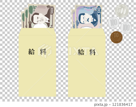 Illustration of a pay envelope with bills visible - image of payday and income 121836417