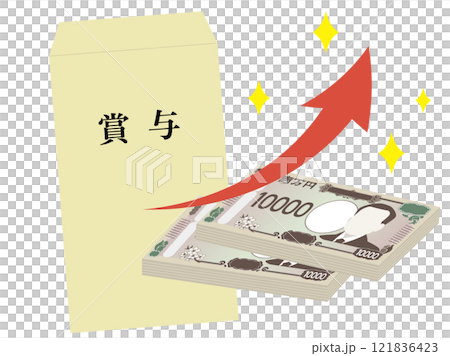 賞与袋と上昇の矢印のイラスト　ボーナスアップのイメージ 121836423