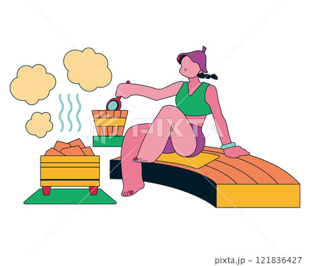 セルフロウリュを楽しむ人のイラスト サウナハット サ道 121836427
