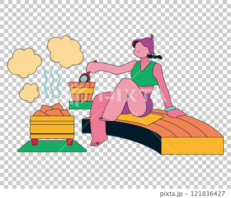 セルフロウリュを楽しむ人のイラスト サウナハット サ道 121836427