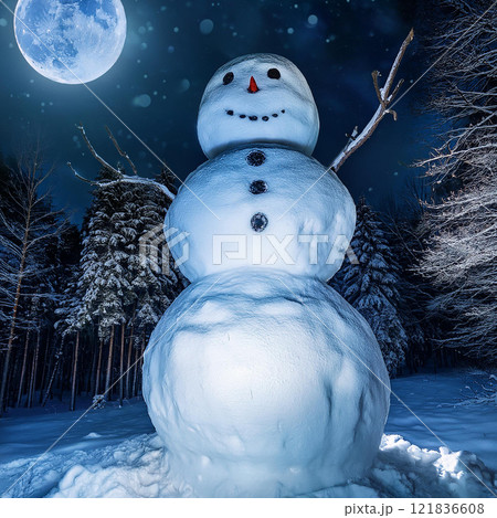 雪の森の青い満月と雪だるま5 121836608