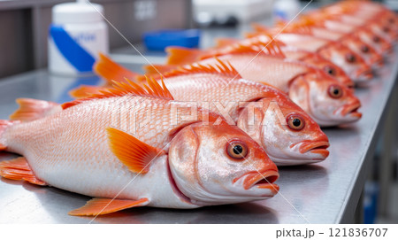 Fresh red fish arranged in a line on a shiny surface for food industry and culinary needs. Fresh red fish arranged in a line on a shiny surface for food industry and culinary needs. 121836707