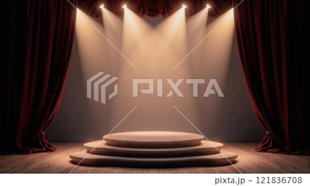Wooden stage steps with curtains and lighting setup for product display professional promotional platform with focus light 121836708