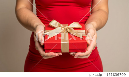 Close-up of woman in red dress presenting small red gift box with gold ribbon, hands holding holiday present, festive moment, joyful giving, perfect for special occasions 121836709