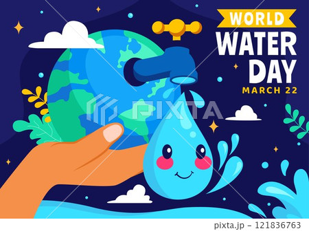 World Water Day Vector Illustration Featuring Waterdrops, Taps, and Messages to Save Earth and Promote Freshwater Management in a Background 121836763