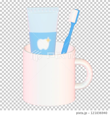 歯ブラシと歯磨き粉が入った白いマグカップの3Dイラスト(俯瞰) 121836940