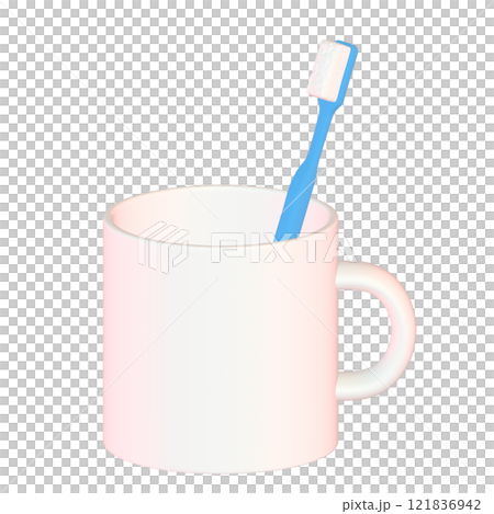 3D illustration of a white mug with a toothbrush inside (top view) 121836942