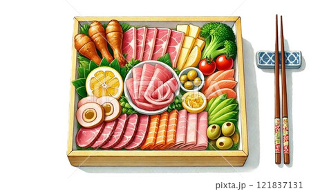 色鮮やかな食材が詰まった豪華なオードブルプレート 121837131