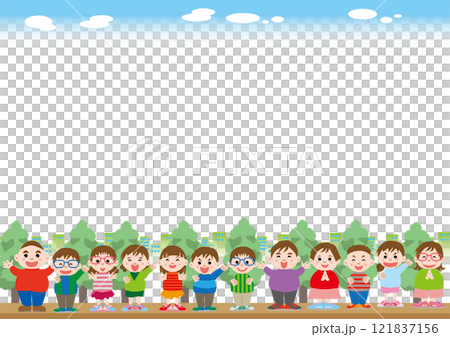 背景素材<城市兒童的框架，有趣，快樂，小學生，水平位置> 121837156