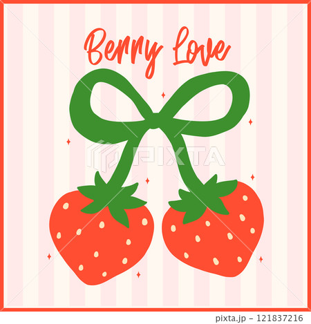 Retro Coquette Strawberries Heart Shape bow Berryy love Minimal Flat Design Vintage Aesthetic 121837216