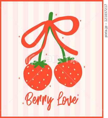 Retro Coquette Strawberries Ribbon bow Berryy love Minimal Flat Design Vintage Aesthetic Retro Coquette Strawberries Ribbon bow Berryy love Minimal Flat Design Vintage Aesthetic 121837217