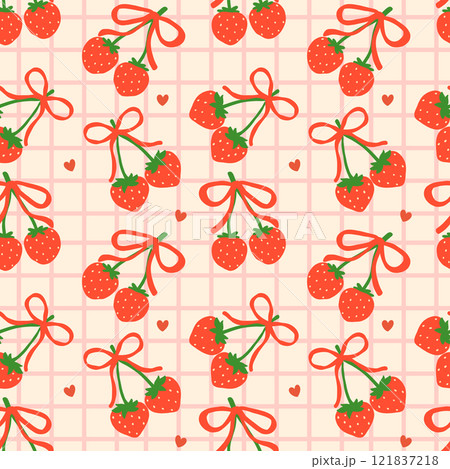 Retro Coquette Strawberry Bow Playful Seamless Pattern isolated on background Retro Coquette Strawberry Bow Playful Seamless Pattern isolated on background 121837218