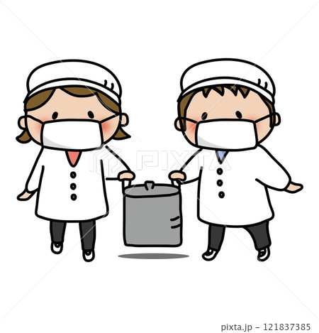 給食を運ぶ給食当番の子供たち 121837385