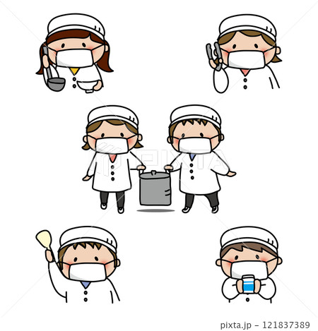 給食当番で配膳をしている子供たちセット 121837389