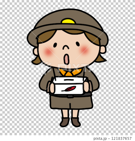 探検隊の格好をして募金活動をする子供（女の子1） 121837657