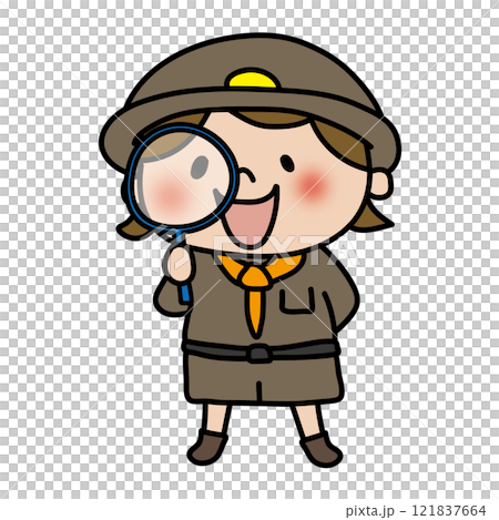 一個裝扮成探險家並用放大鏡觀察的孩子（女孩） 121837664