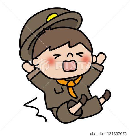探検隊の格好をして尻もちをつく子供(男の子) 探検隊の格好をして尻もちをつく子供(男の子) 121837673