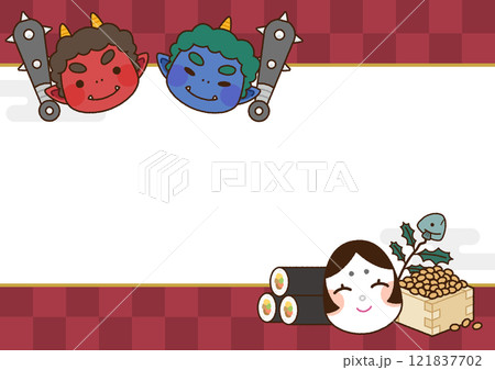 鬼とおかめのかわいい節分メッセージフレーム 121837702