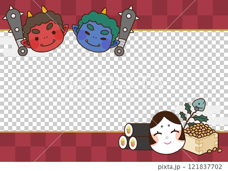 Cute Setsubun message frame with demons and okama 121837702