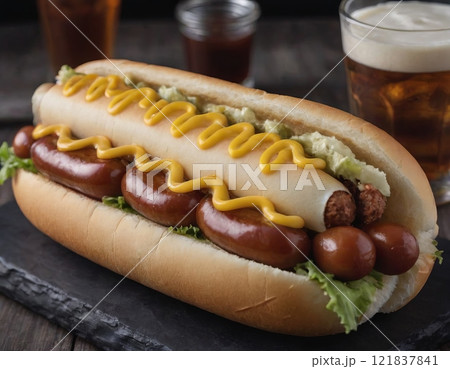 fresh hot dog on the table 121837841