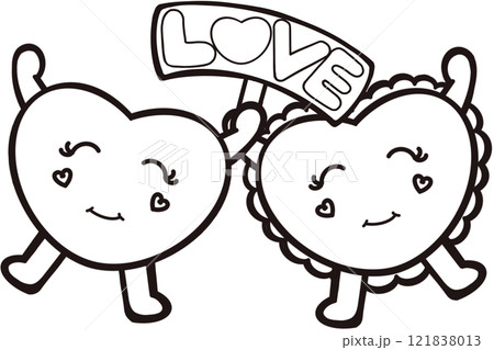 Hand drawn outlines black color of hearts with wings ,Envelope and mailbox. 121838013