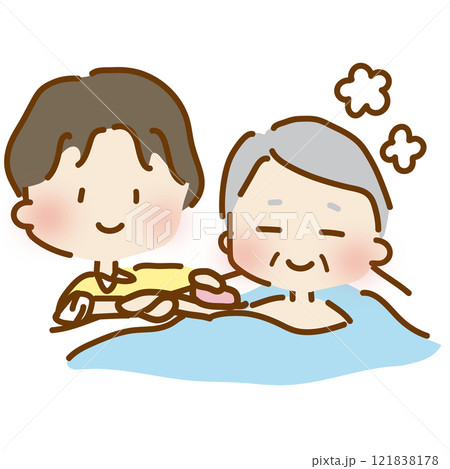 入浴介助をするゆるくて可愛い男性の介護士 121838178