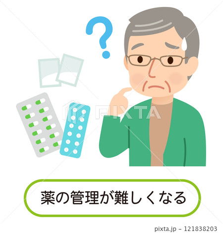 薬の管理が難しくなり、困った表情の高齢者 認知症 薬の管理が難しくなり、困った表情の高齢者 認知症 121838203