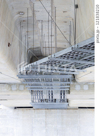 electrical steel pipeline, Electrical cable wire way on wall, cable routing between electrical distribution panel with equipment, industry construction concept background. 121838210