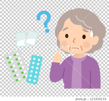 薬の管理が難しくなり、困った表情の高齢者　認知症 121838218