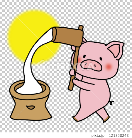 Pig and moon pounding rice cakes at the moon viewing party 121838248