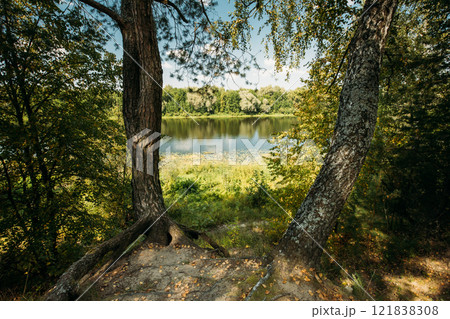 Summer River Landscape Lake. Trees Reflections In Water. Nature Reserve. Nature Lake River Background 121838308