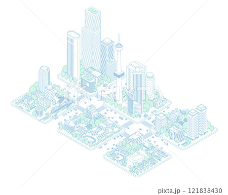アイソメトリックの都市と住宅地のイラスト。電車が停まる駅と街。高層ビルと道路を行き交う車やバス。 121838430