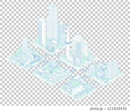 アイソメトリックの都市と住宅地のイラスト。電車が停まる駅と街。高層ビルと道路を行き交う車やバス。 121838430