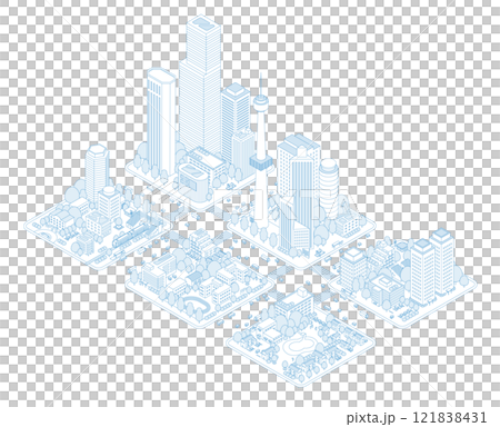 アイソメトリックの都市と住宅地のイラスト。電車が停まる駅と街。高層ビルと道路を行き交う車やバス。 アイソメトリックの都市と住宅地のイラスト。電車が停まる駅と街。高層ビルと道路を行き交う車やバス。 121838431