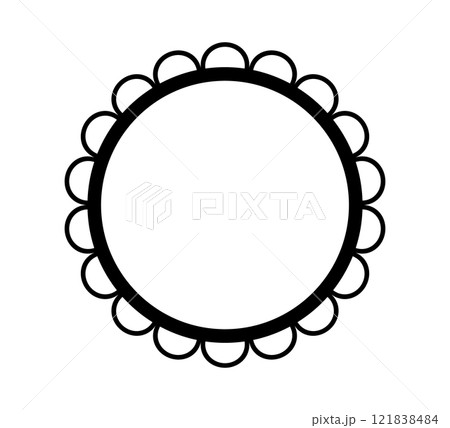 Scalloped edge circle frame. Simple round scalloped border. Fabric lace pattern frame. Repeat cute vintage frill ornament. Texture ribbon. Vector illustration isolated on white background. Scalloped edge circle frame. Simple round scalloped border. Fabric lace pattern frame. Repeat cute vintage frill ornament. Texture ribbon. Vector illustration isolated on white background. 121838484