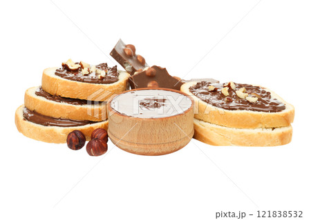 PNG,Chocolate paste in a bowl with bread, isolated on white background PNG,Chocolate paste in a bowl with bread, isolated on white background 121838532